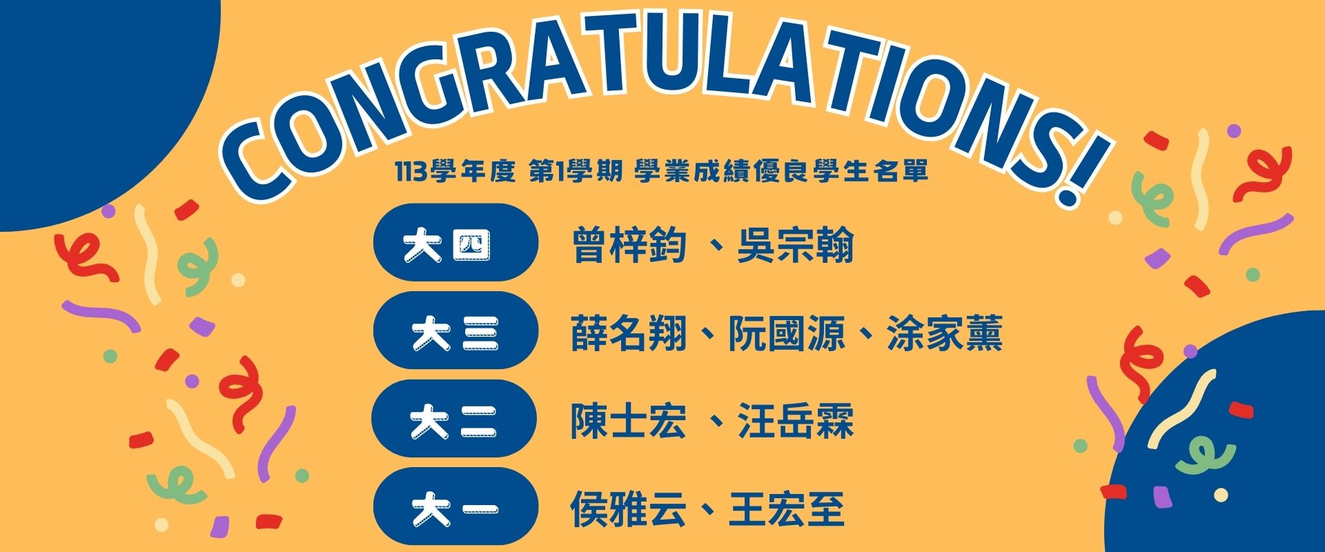 113學年度 第1學期 學業成績優良學生名單